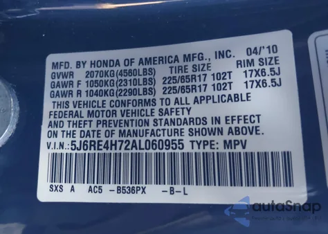 2010 Honda Cr-V Ex-L z USA, uszkodzony, nr VIN 5J6RE4H72AL060955